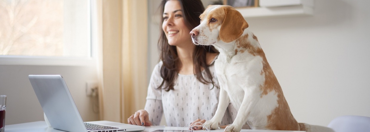 Vrouw achter haar laptop met haar hond